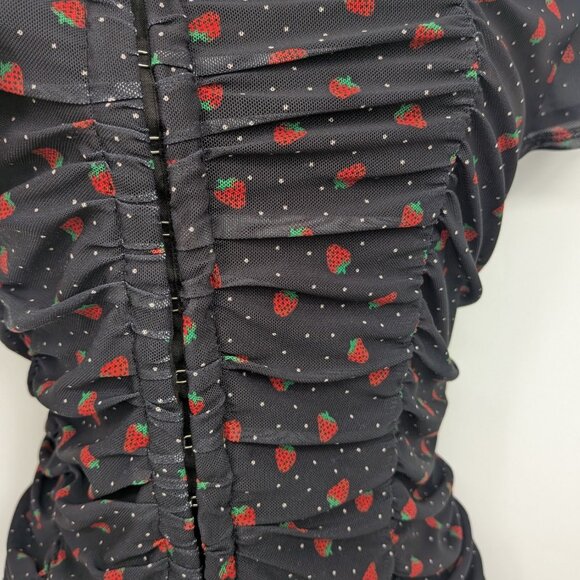 Y2K Strawberry Print Ruched Mesh Top Women Size 1X Coquette Polka Dot Whimsigoth - Picture 9 of 10